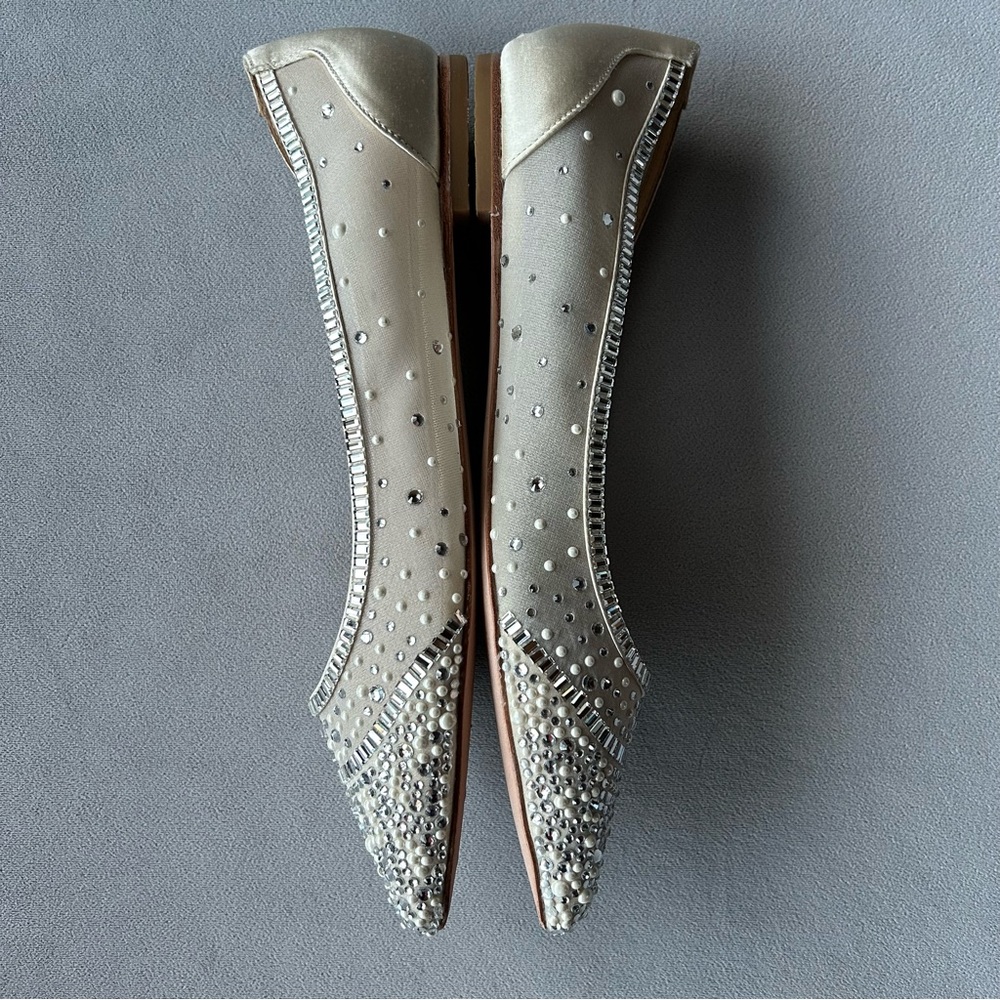 Badgley Mischka ~ Babette ~ Bejeweled Mesh Flat ~ Ivory Satin ~ Womens Size 8 - Picture 3 of 17